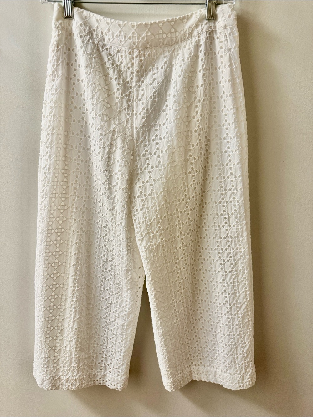 Marled White Eyelet Wide-Leg Pants